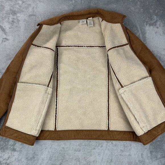 L.L. Bean Chore Barn Coat Sherpa Lined Faux Suede Jacket Mens Brown Fleece Large - Picture 3 of 12
